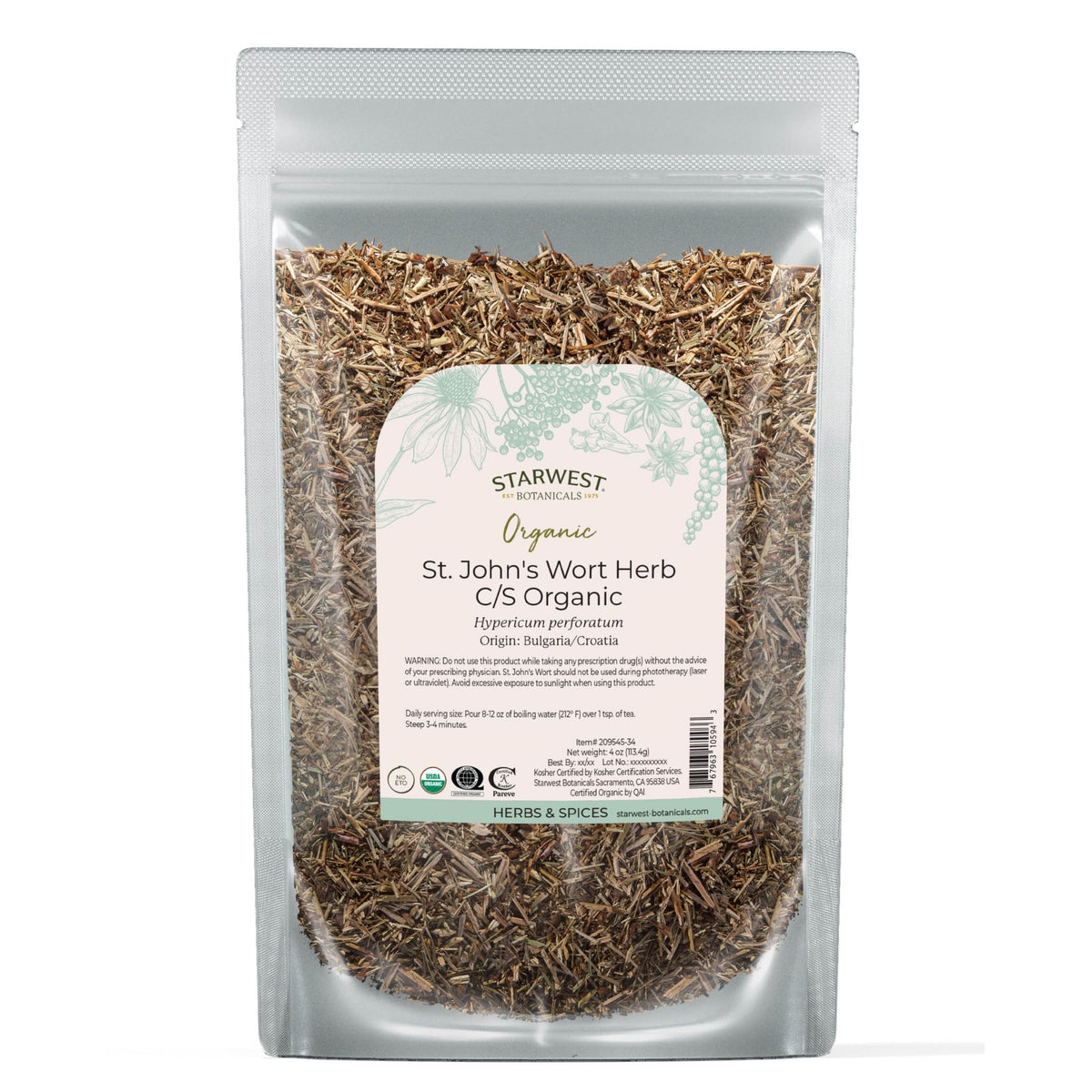 Organic St. John's Wort dried herb in a 4 oz pouch, cut and sifted