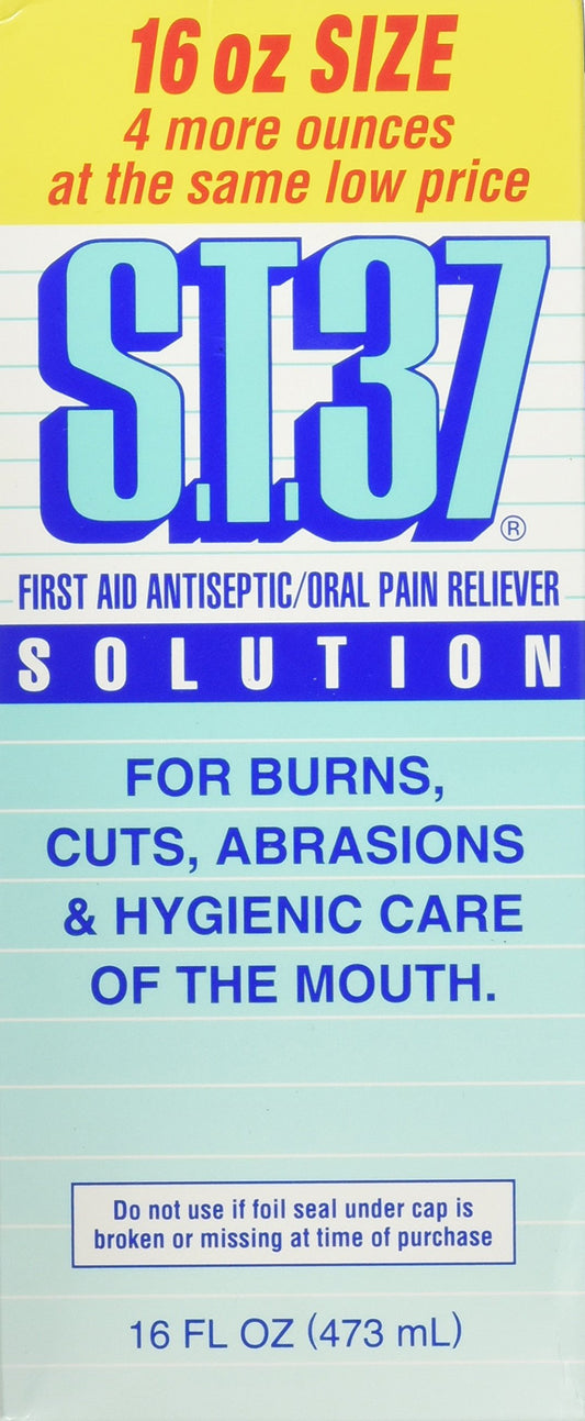 Close-up of ST37 Mouth Pain Relief bottle 16 oz