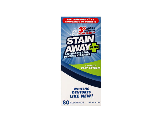 Stain Away Plus denture cleanser 8.1 oz container showing 80 cleanings.