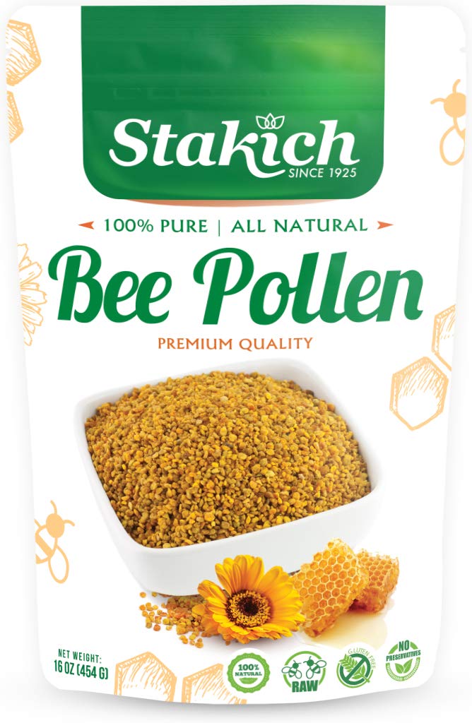 Stakich Bee Pollen Granules closeup in jar, showcasing vibrant granules for daily energy.