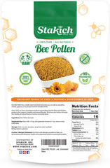 Stakich Bee Pollen Granules in a glass jar on display, highlighting a natural energy source.