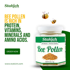 Stakich Bee Pollen Granules scooped into bowl for smoothie topping.