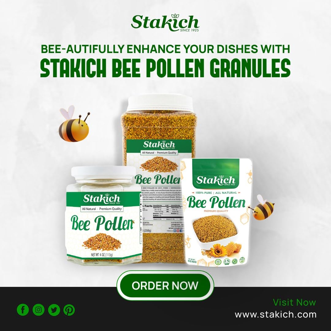 Stakich Bee Pollen Granules macro texture detail signaling freshness and quality.