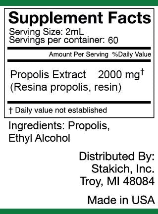Close-up of Stakich Propolis Extract bottle and label