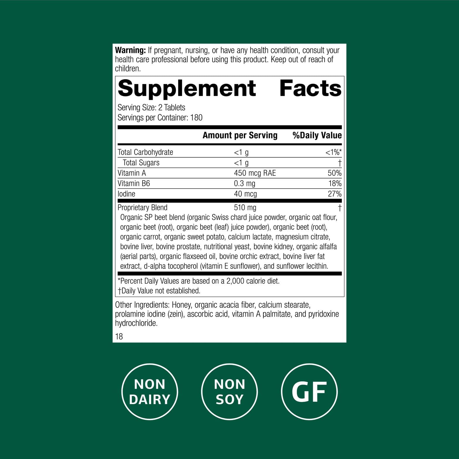 Back of bottle showing ingredients for A-F Betafood