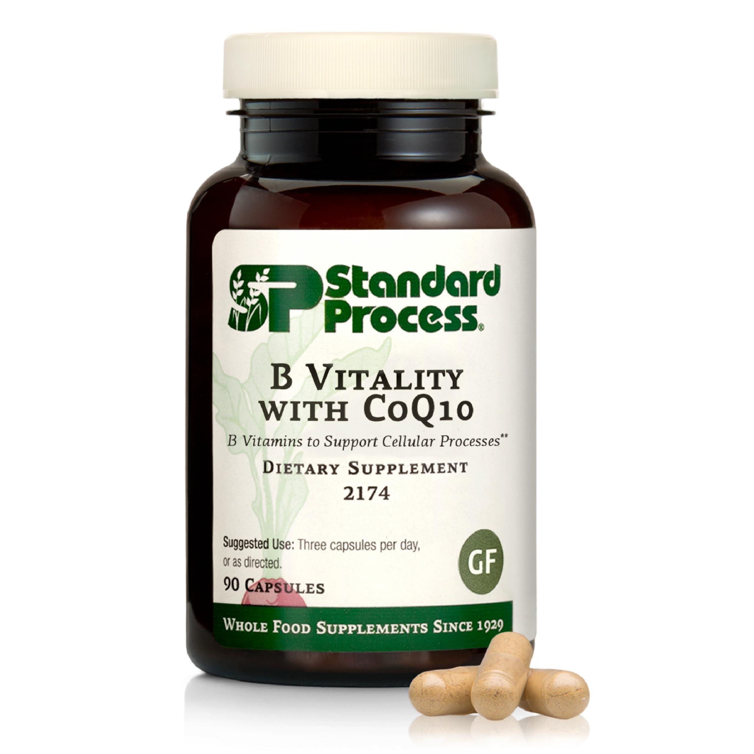 Standard Process B Vitality with CoQ10 bottle showing daily antioxidant support.