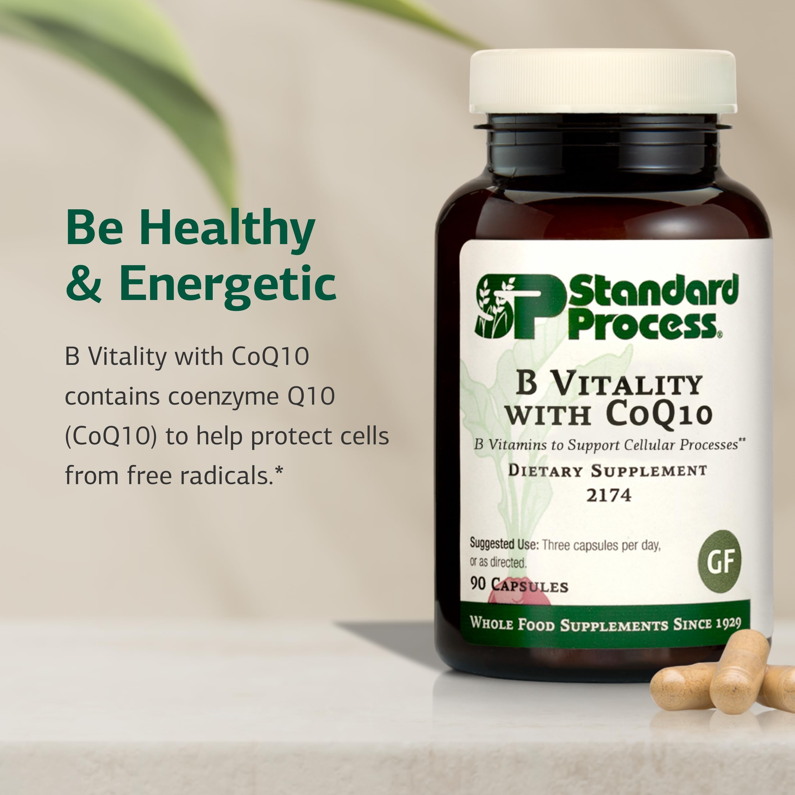 Front label of Standard Process B Vitality with CoQ10 shows key ingredients and vegan form.