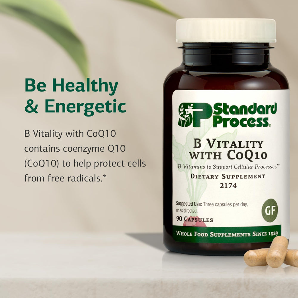 Front label of Standard Process B Vitality with CoQ10 shows key ingredients and vegan form.