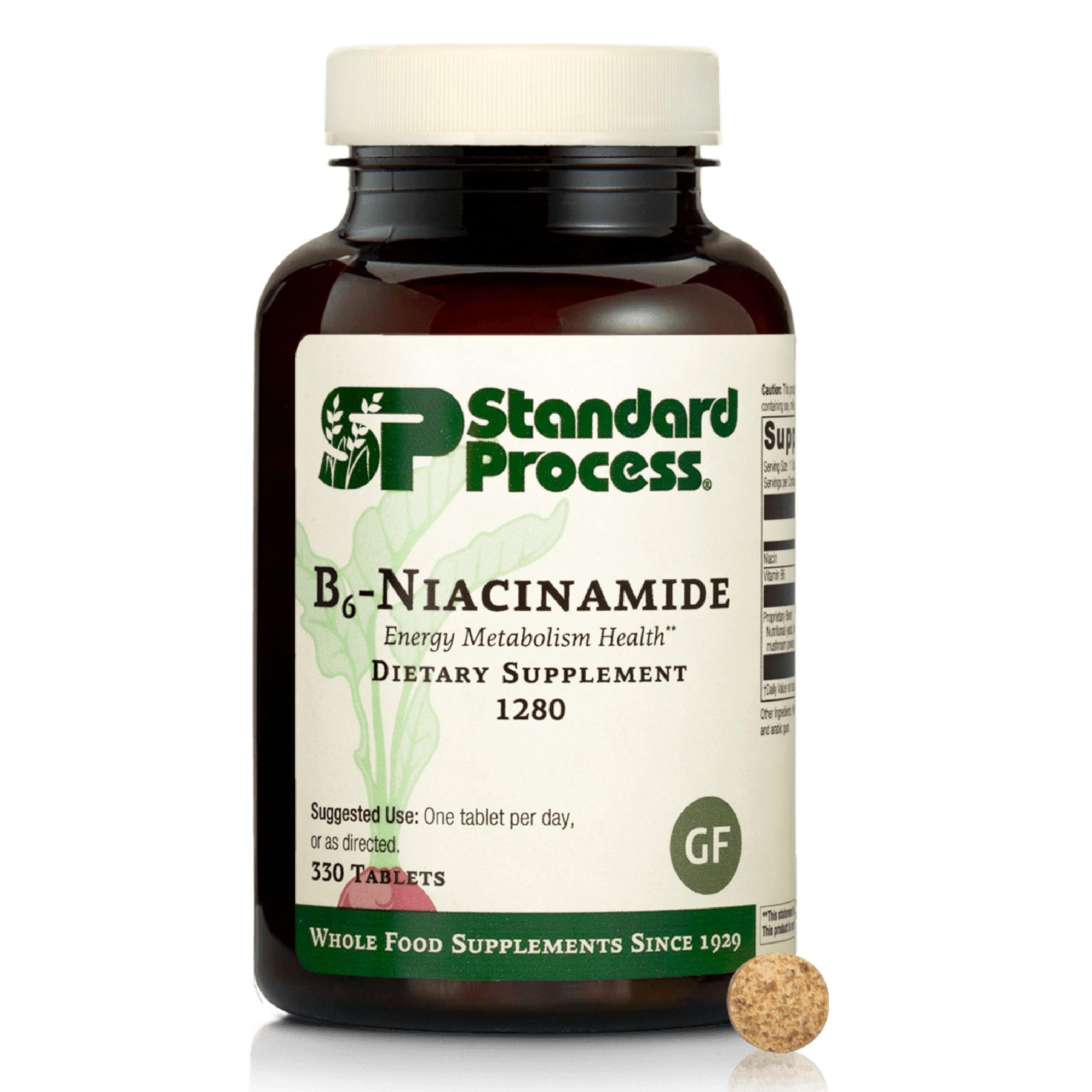 Front view of Standard Process B6-Niacinamide energy metabolism dietary supplement bottle