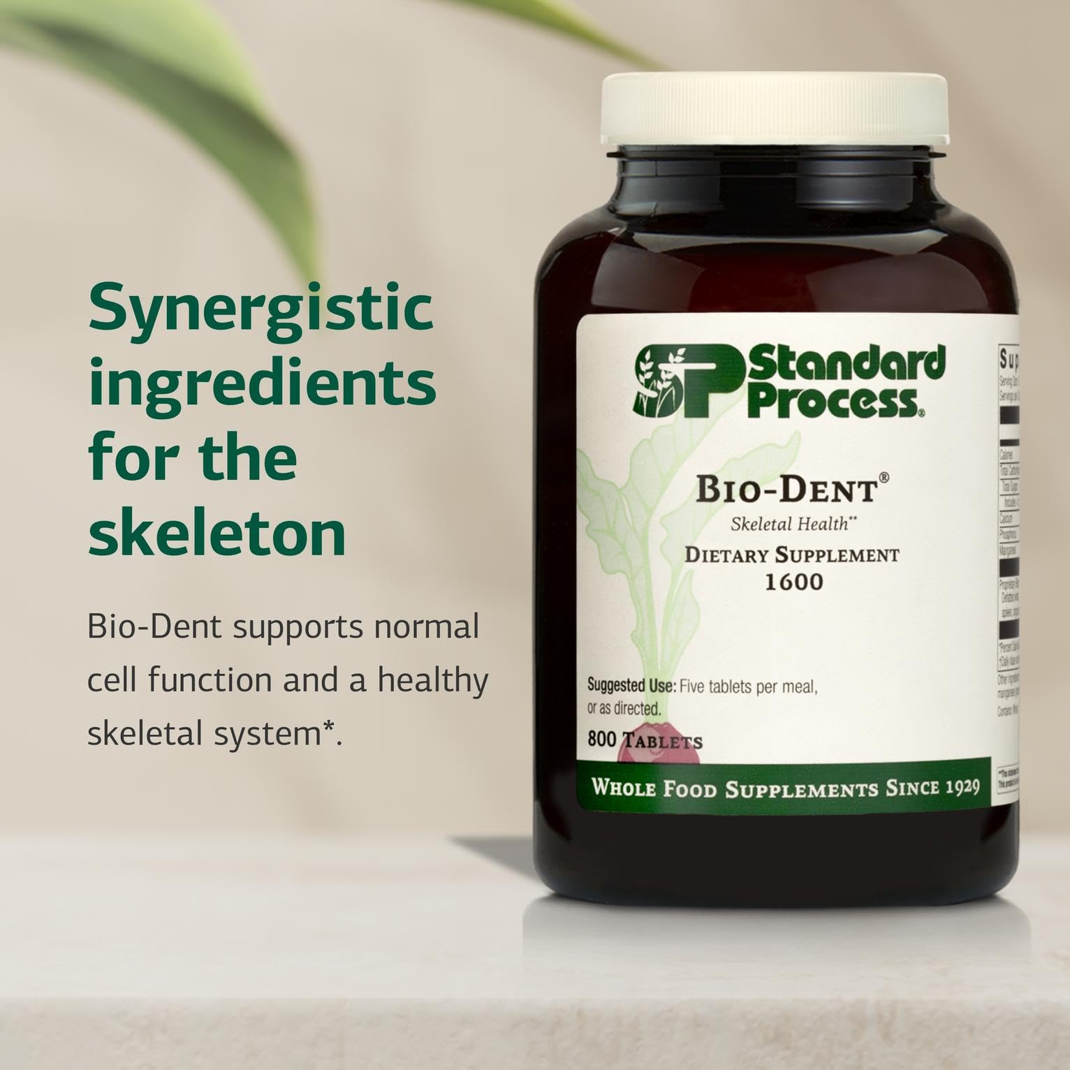 Close-up of Bio-Dent tablet ridges emphasizes whole-food nutrition.