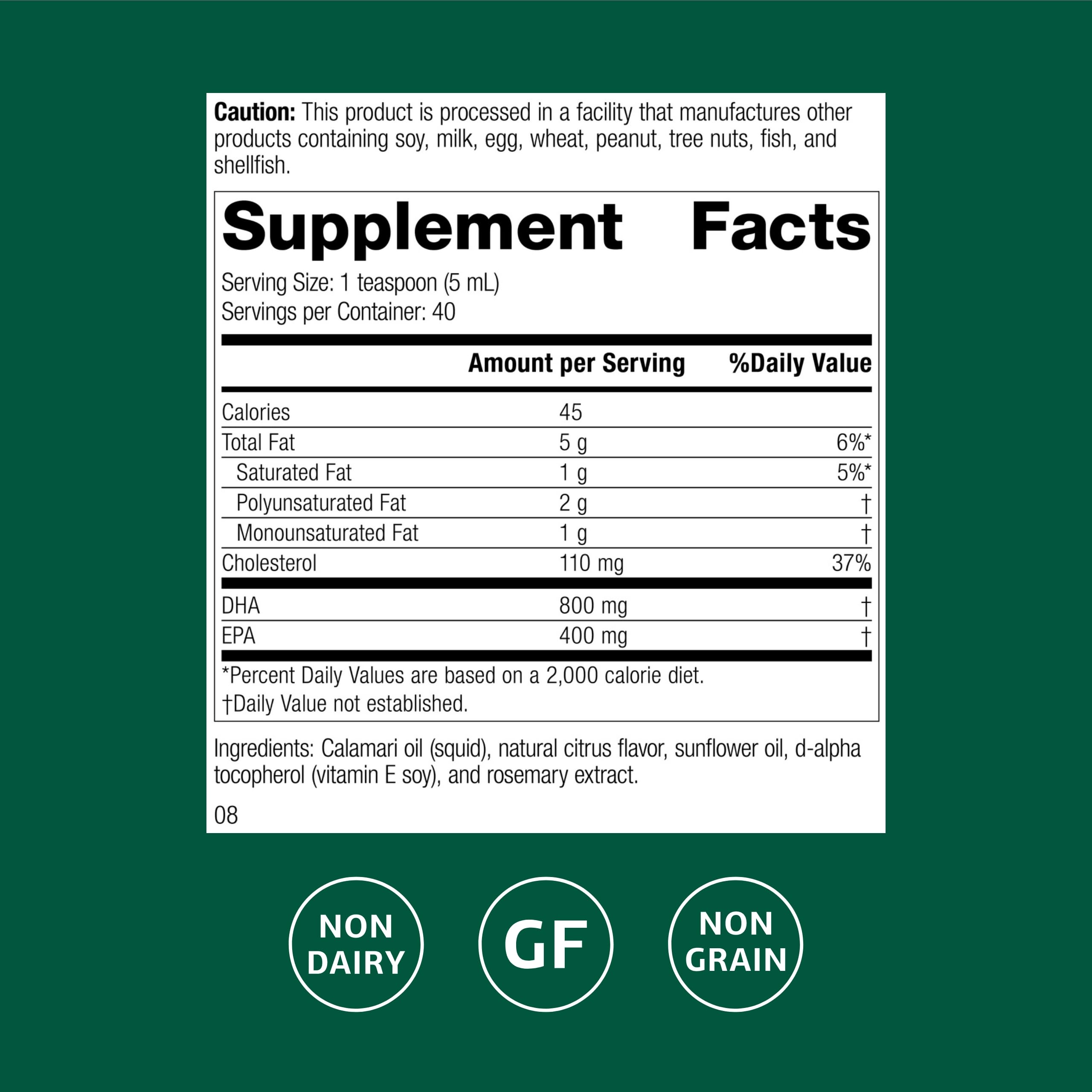Close-up of Calamari Omega-3 Liquid label from Standard Process
