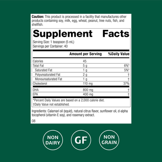 Close-up of Calamari Omega-3 Liquid label from Standard Process