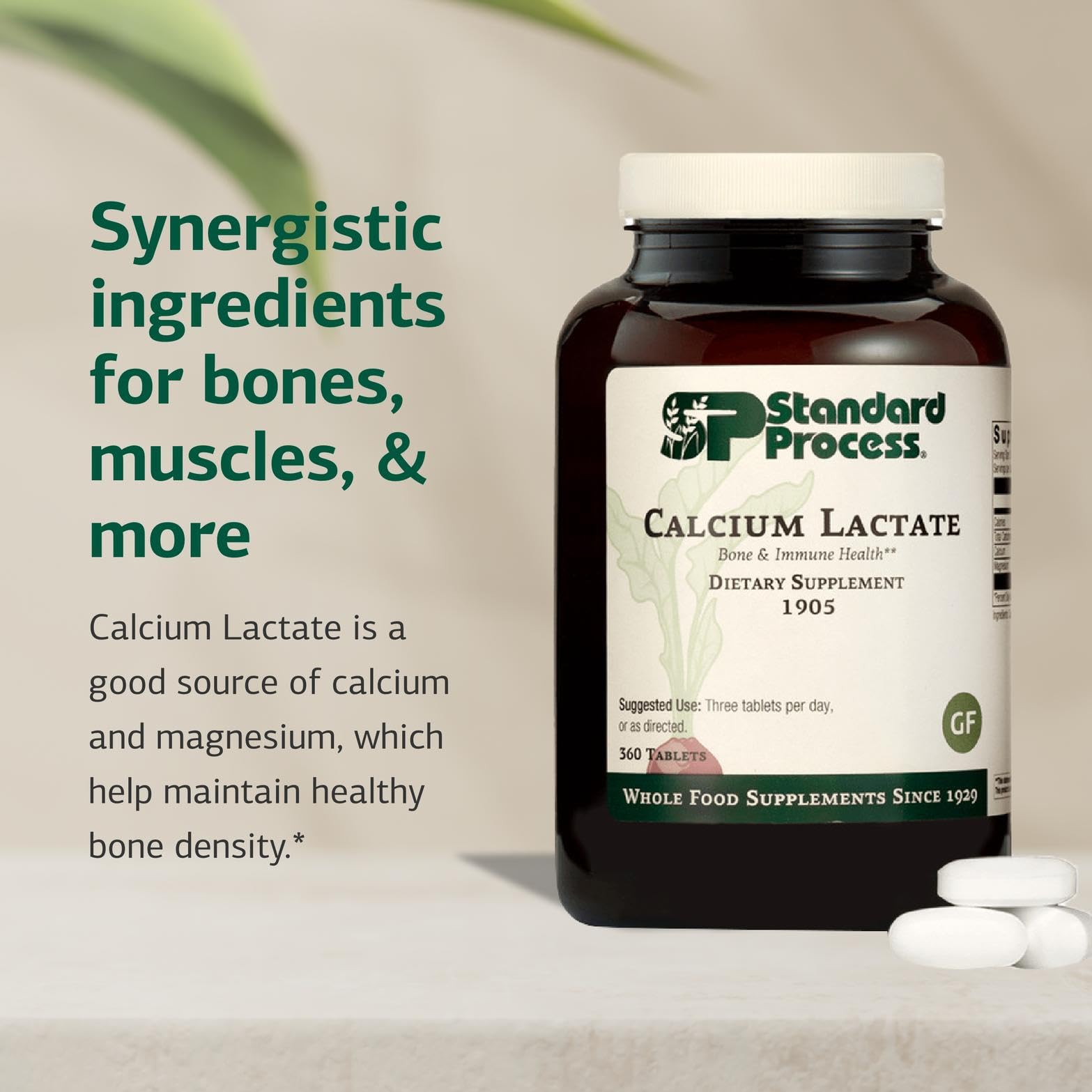 Calcium lactate tablet graphics emphasizing bone health