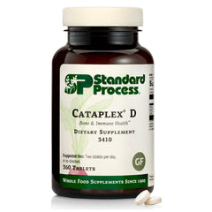 Standard Process Cataplex D bottle front shows vitamin D support for immunity and bones.