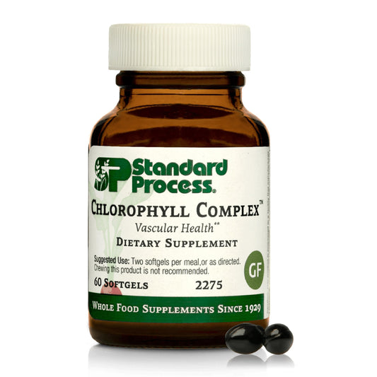 Front view of Standard Process Chlorophyll Complex bottle, 60 softgels