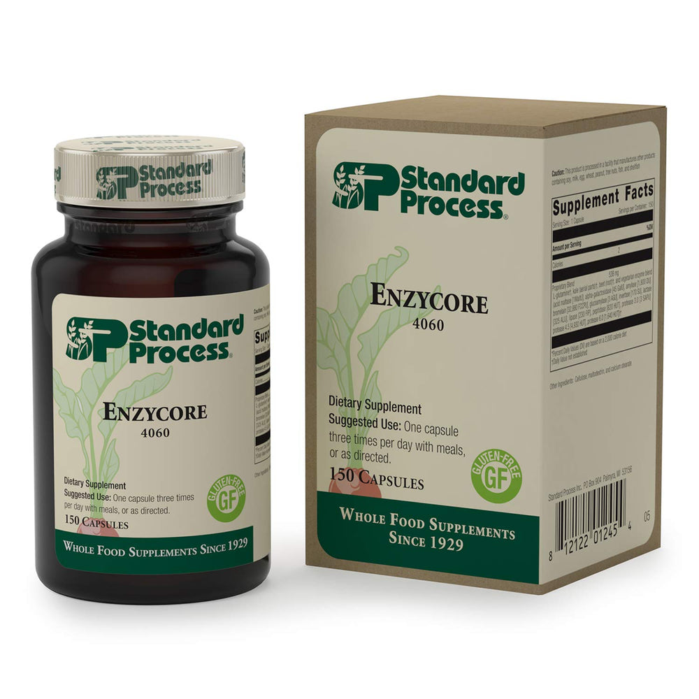 Standard Process Enzycore packaging in a clean natural setting emphasizing quality.
