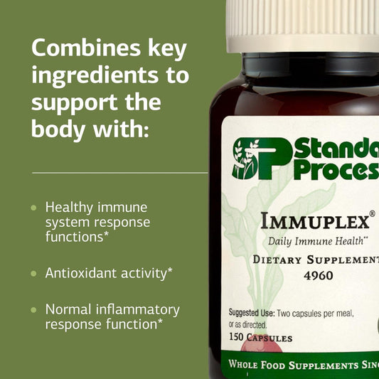 Close-up of Immuplex ingredients including zinc, iron, folate and selenium