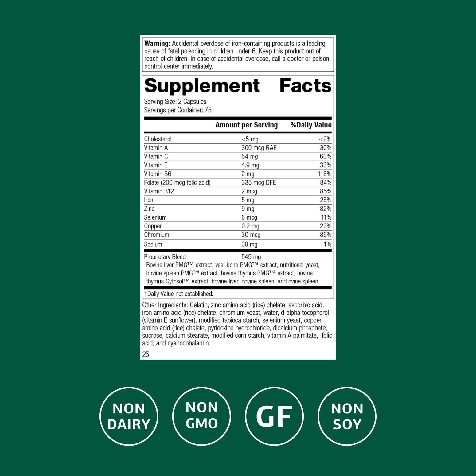 Vitamins B12, B6, A, C and E listed for Immuplex immune support