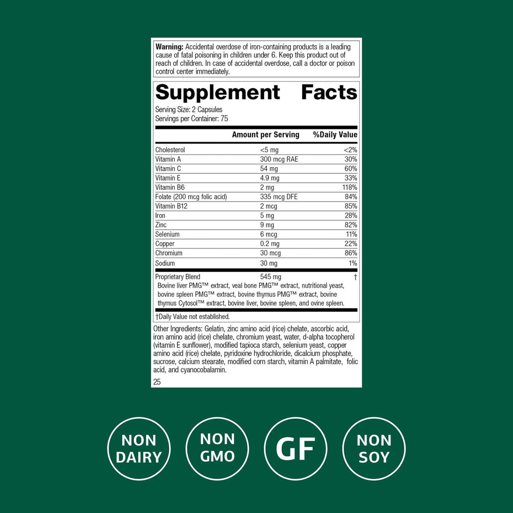 Vitamins B12, B6, A, C and E listed for Immuplex immune support