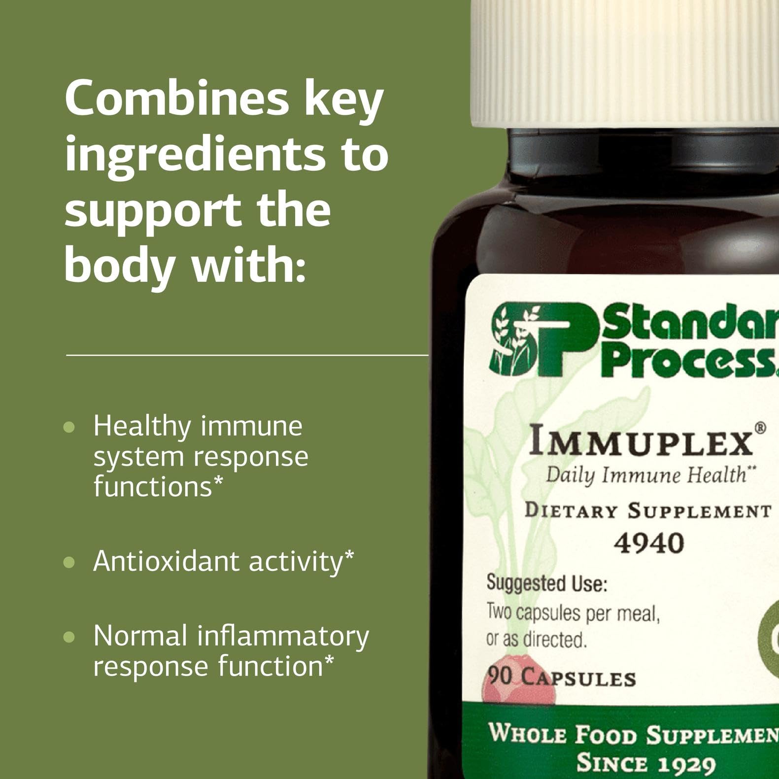 Immuplex dosage guide indicating two capsules per meal