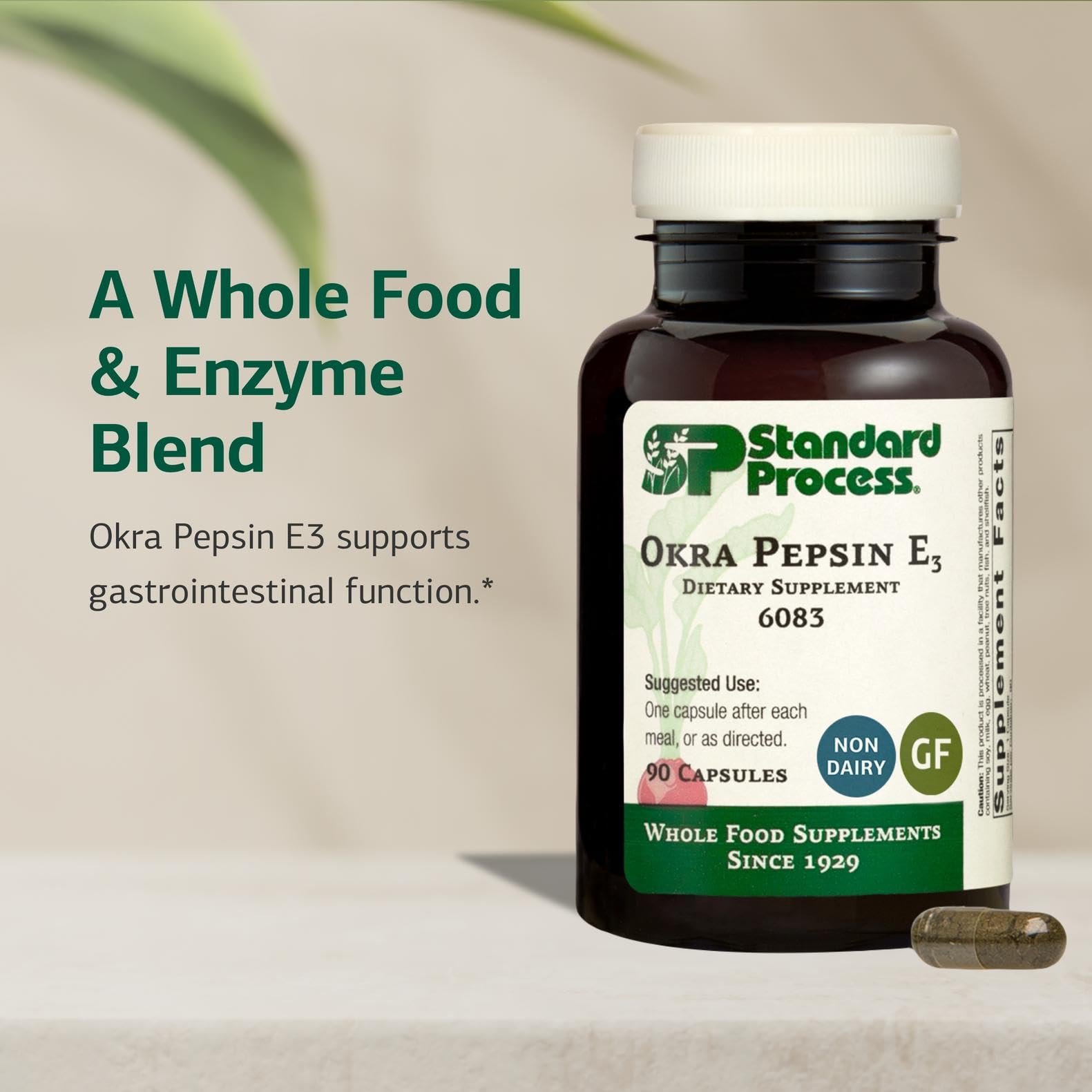Close-up of Okra Pepsin E3 ingredients: okra fruit powder, alginic acid, chlorophyll