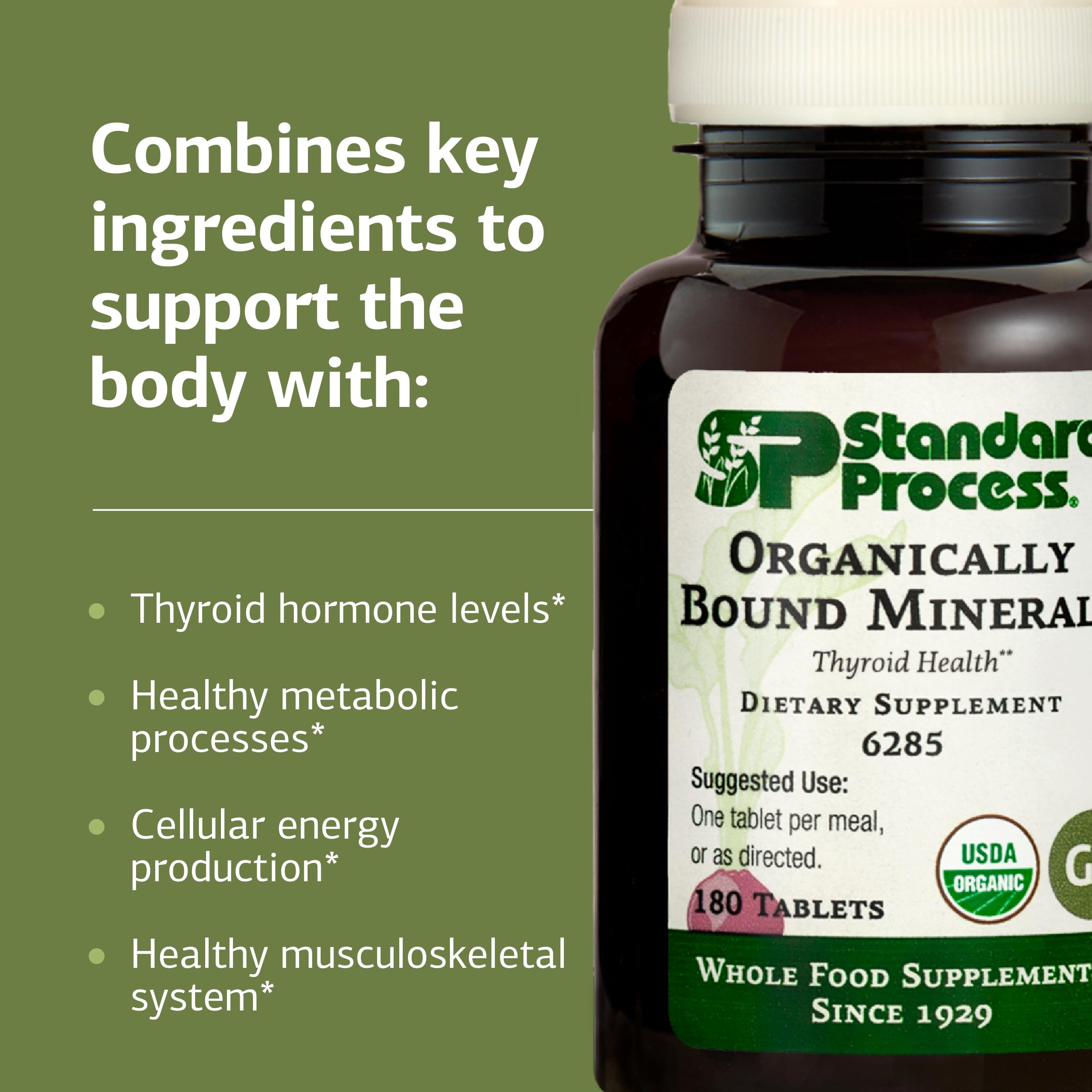 Standard Process Organically Bound Minerals ingredients panel showing gluten-free formulation