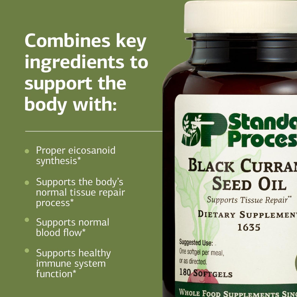 Softgels from Standard Process Black Currant Seed Oil arranged for close view.