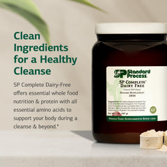 Ingredient panel and allergen information for SP Complete Dairy-Free Rice Protein Powder