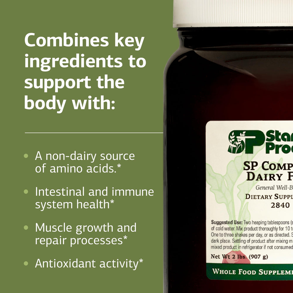 Standard Process SP Complete rice protein ingredients close-up, showing fiber and calcium