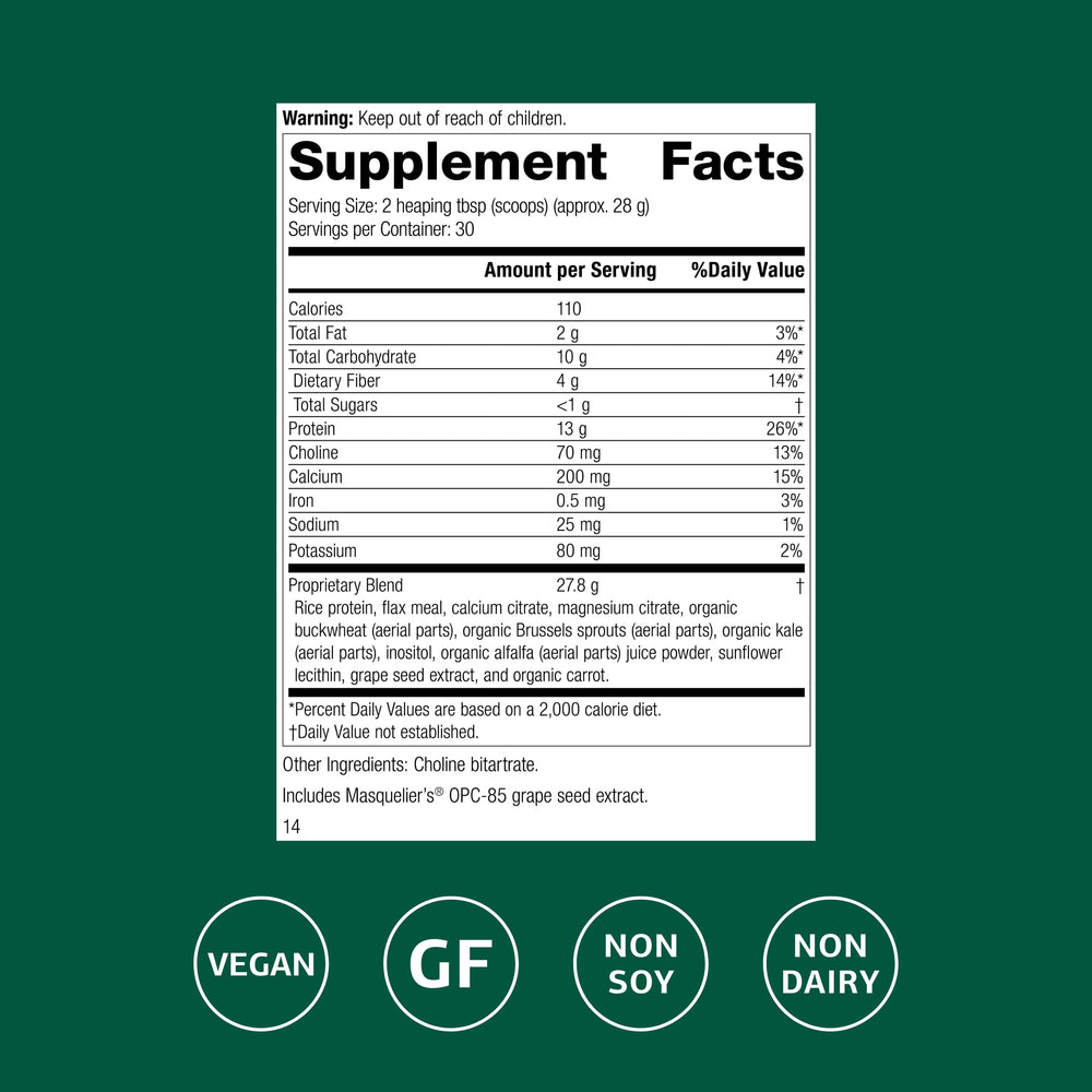 Standard Process SP Complete powder scoop beside glass for plant-based protein