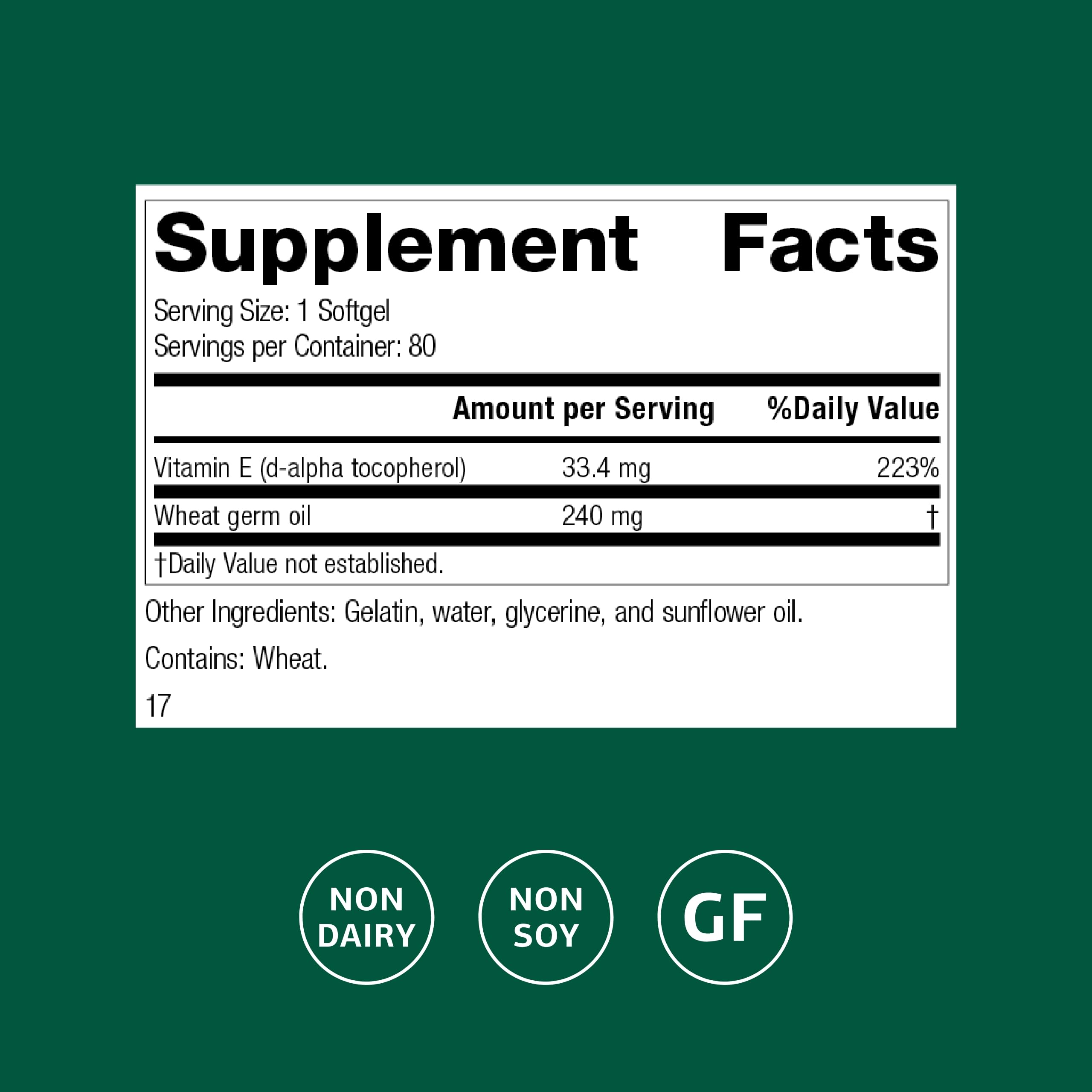 Nutrition facts panel for Wheat Germ Oil Fortified softgels