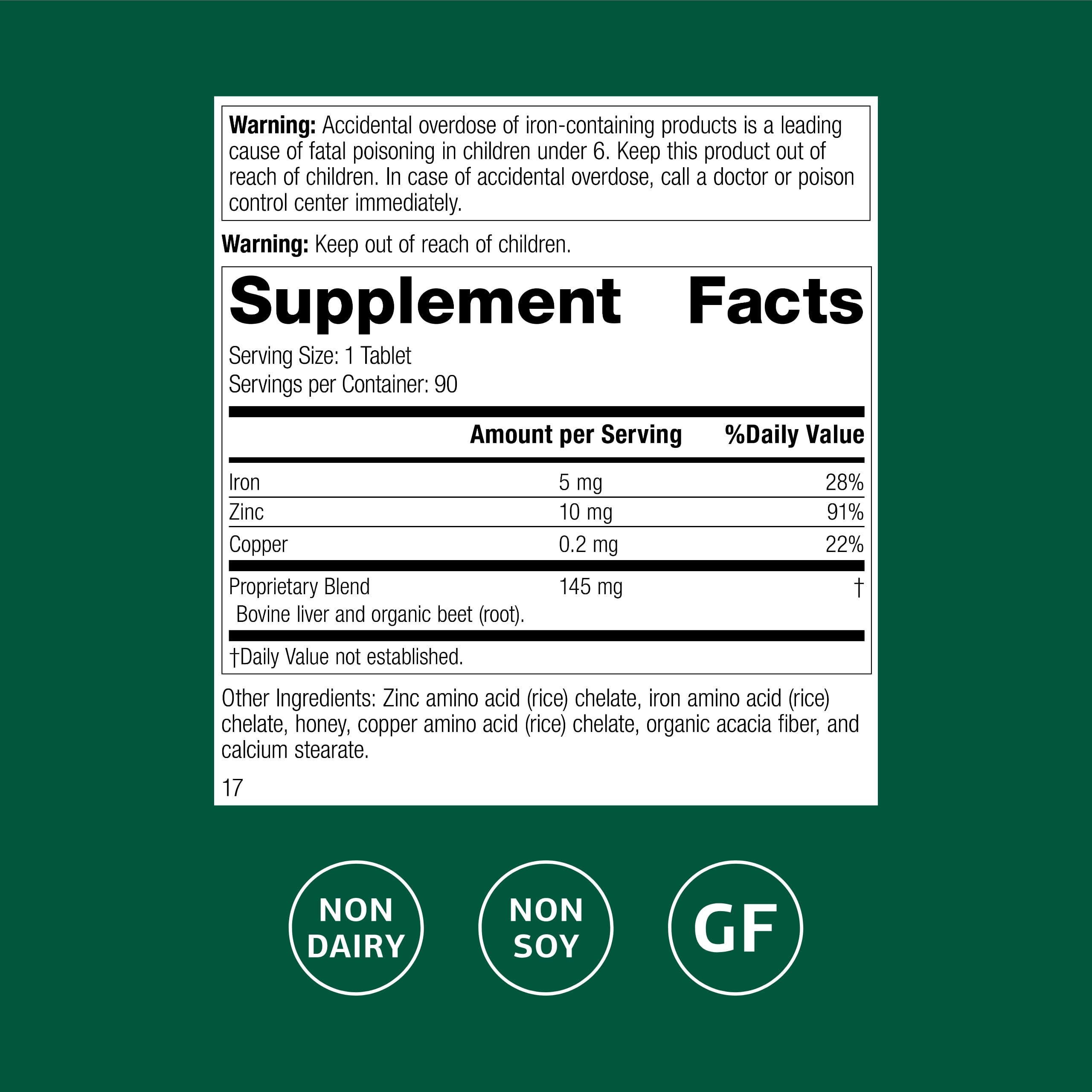 Close-up of Zinc Complex ingredients: zinc, copper, and iron