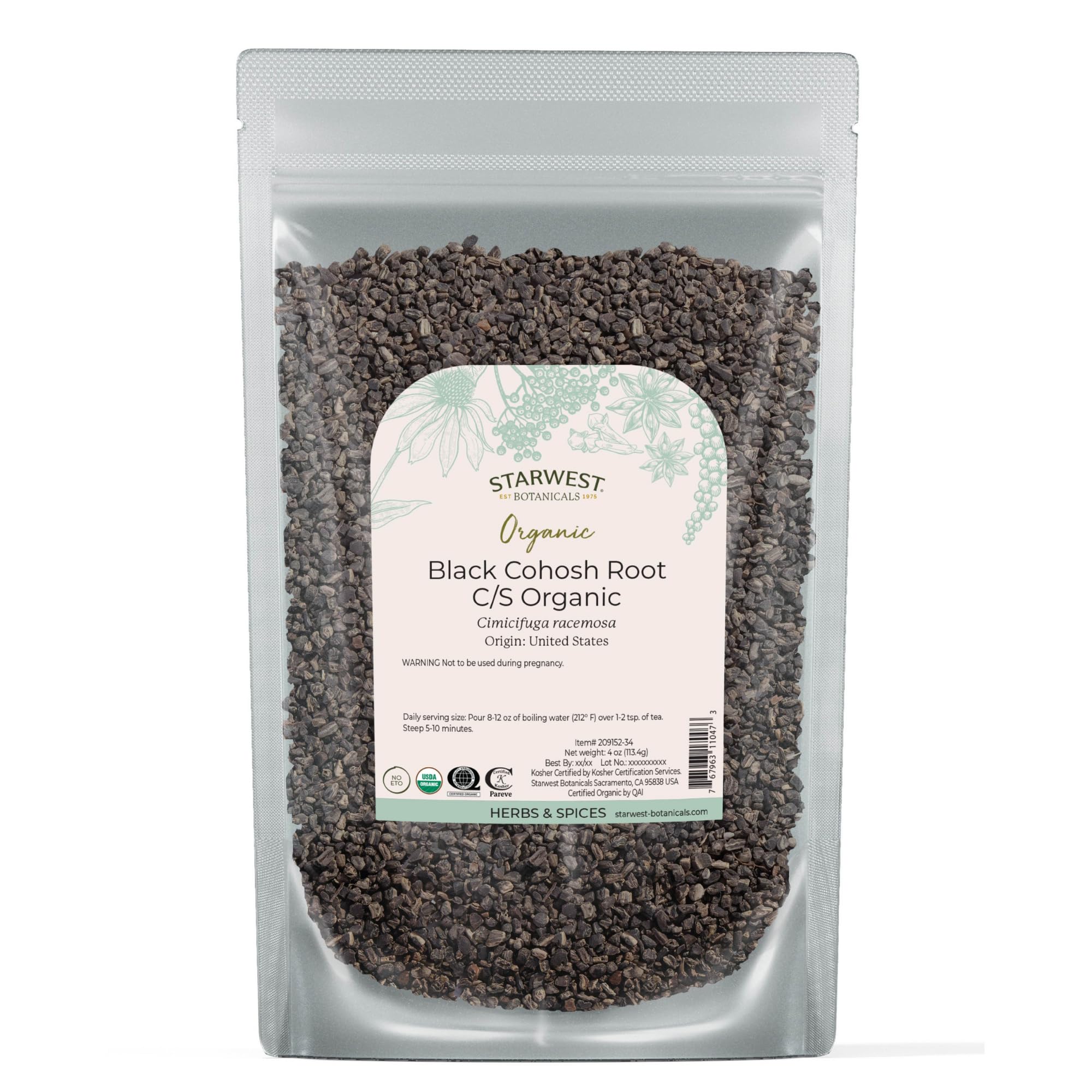 Organic Black Cohosh Root cut & sifted in a 4 oz pouch