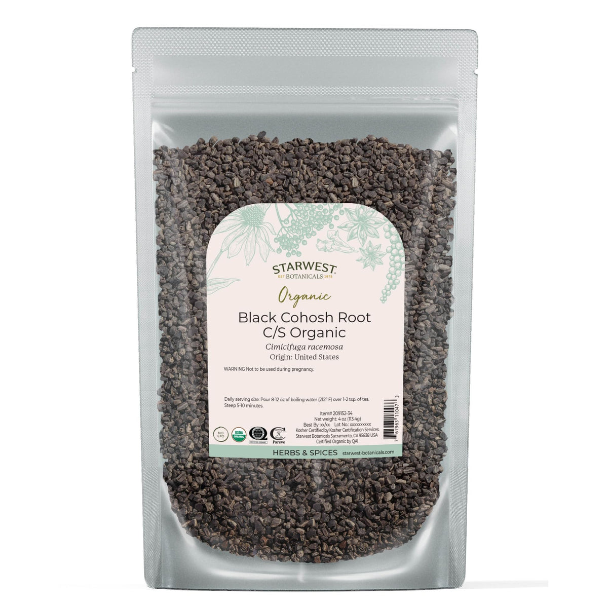 Organic Black Cohosh Root cut & sifted in a 4 oz pouch