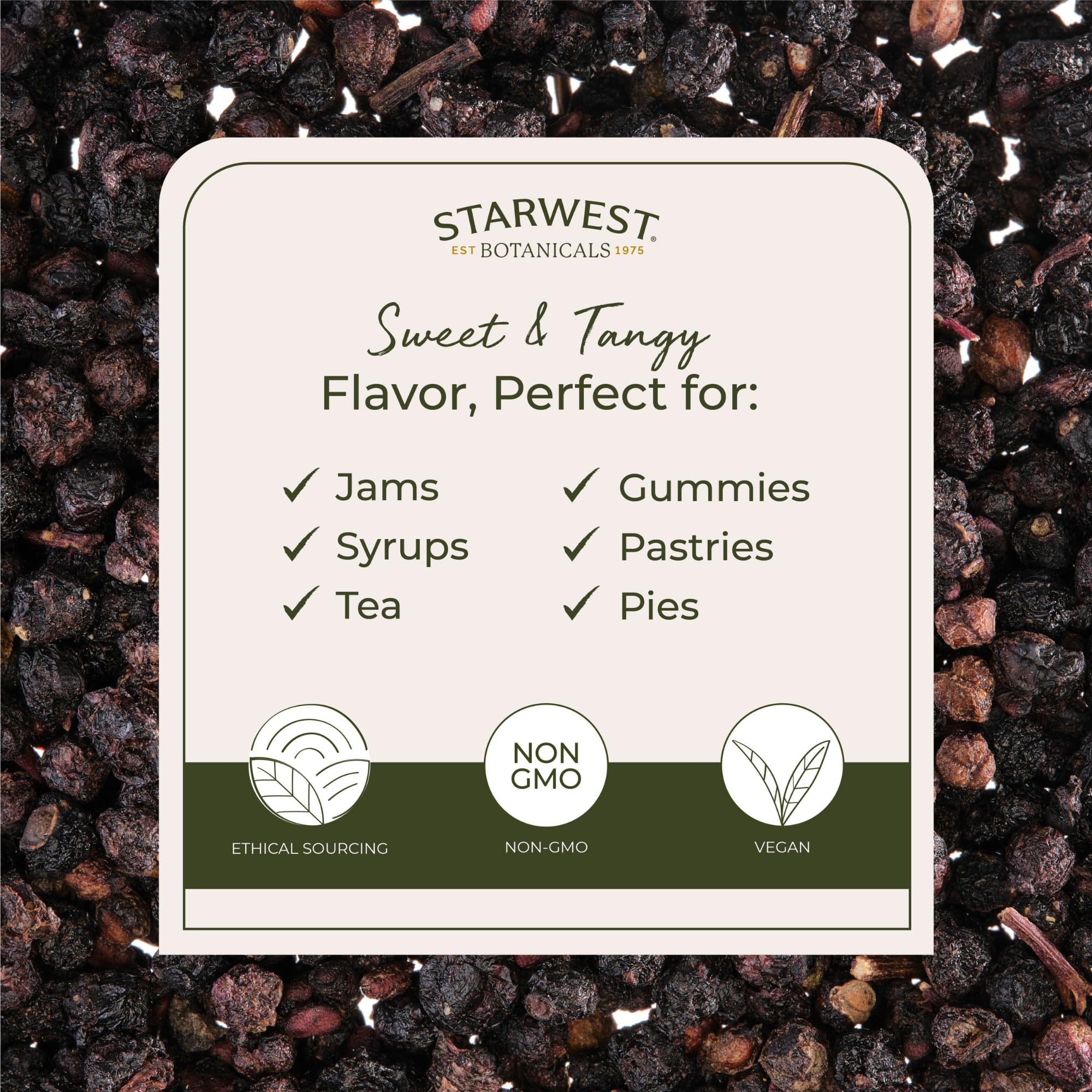 Starwest Botanicals Elderberries dried in a bulk 2 lb bag for kitchen recipes.