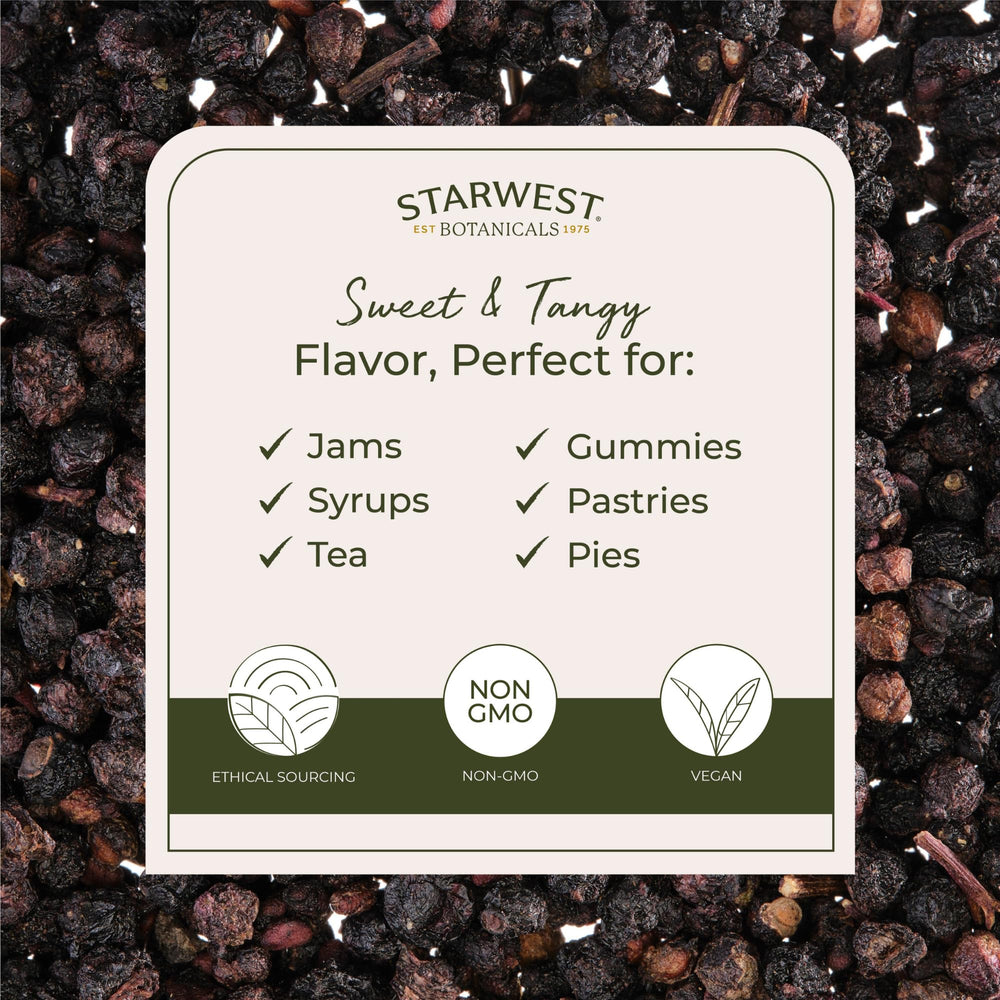 Starwest Botanicals Elderberries dried in a bulk 2 lb bag for kitchen recipes.