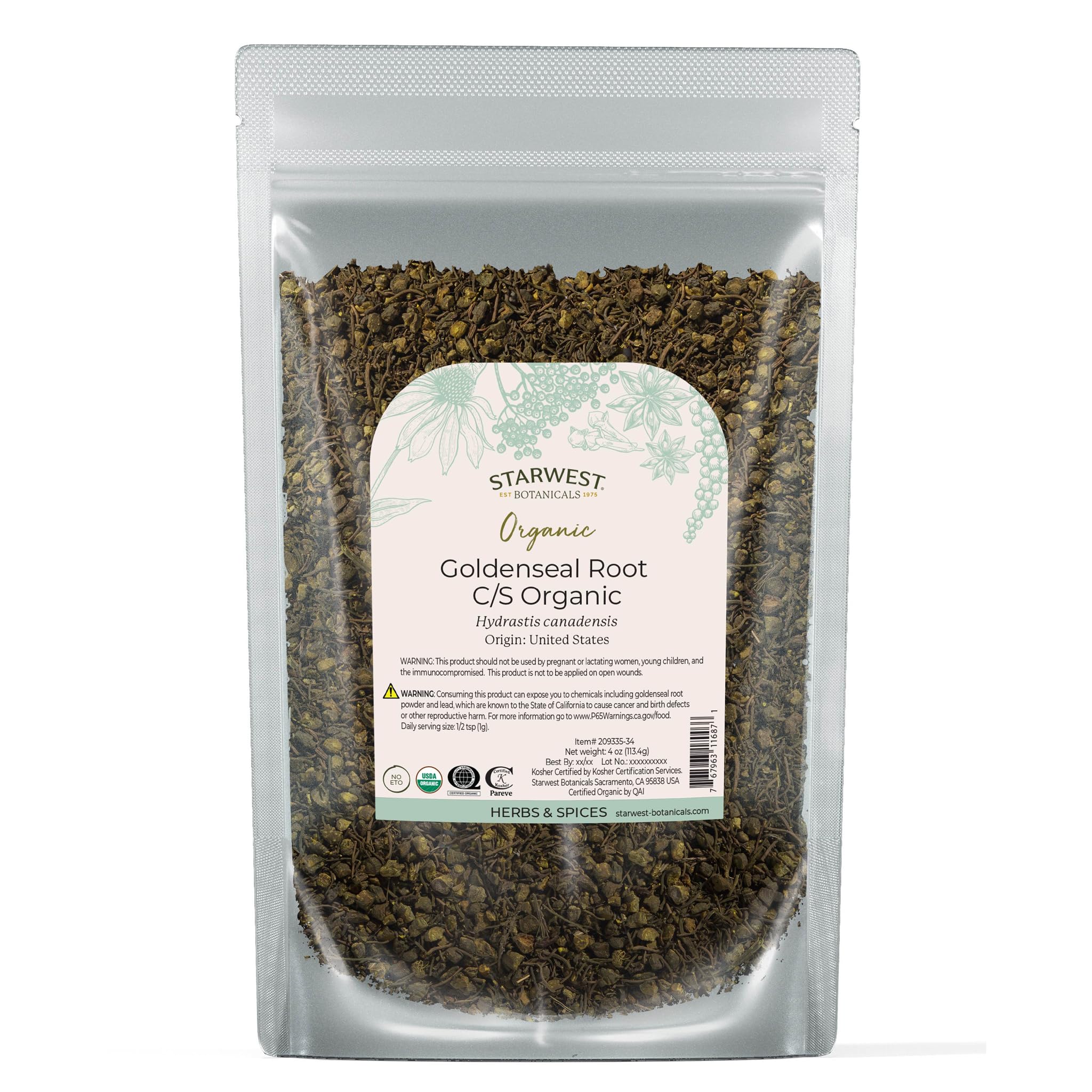 Starwest Botanicals Organic Goldenseal Root 4oz pouch - front view