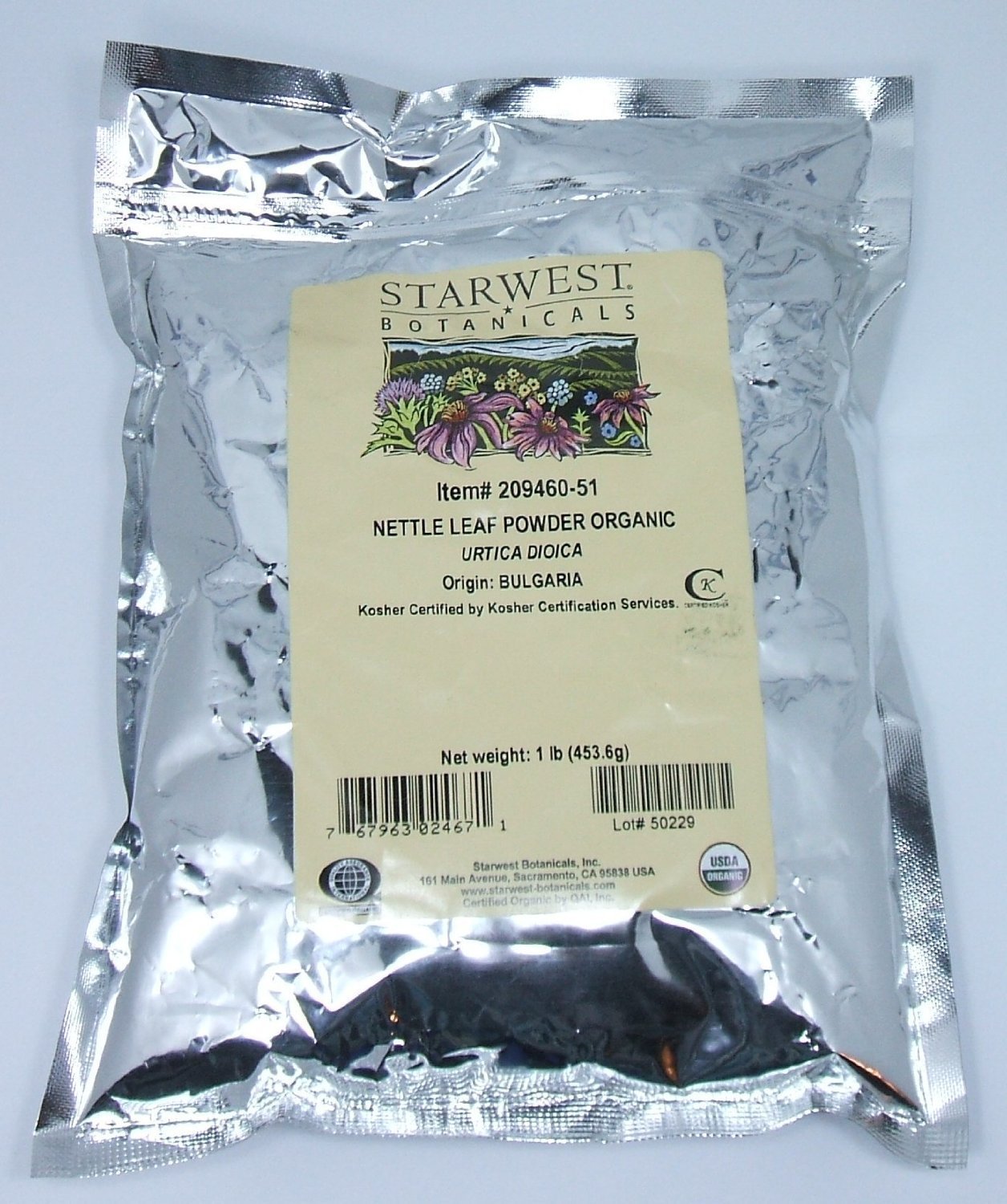 Starwest Bottanicals Organic Nettle Leaf Powder 1lb Bag - front view