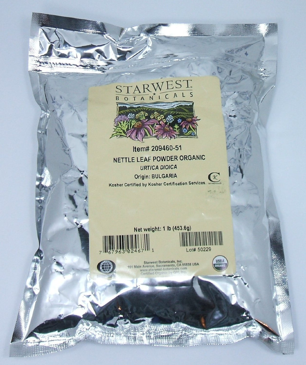 Starwest Bottanicals Organic Nettle Leaf Powder 1lb Bag - front view