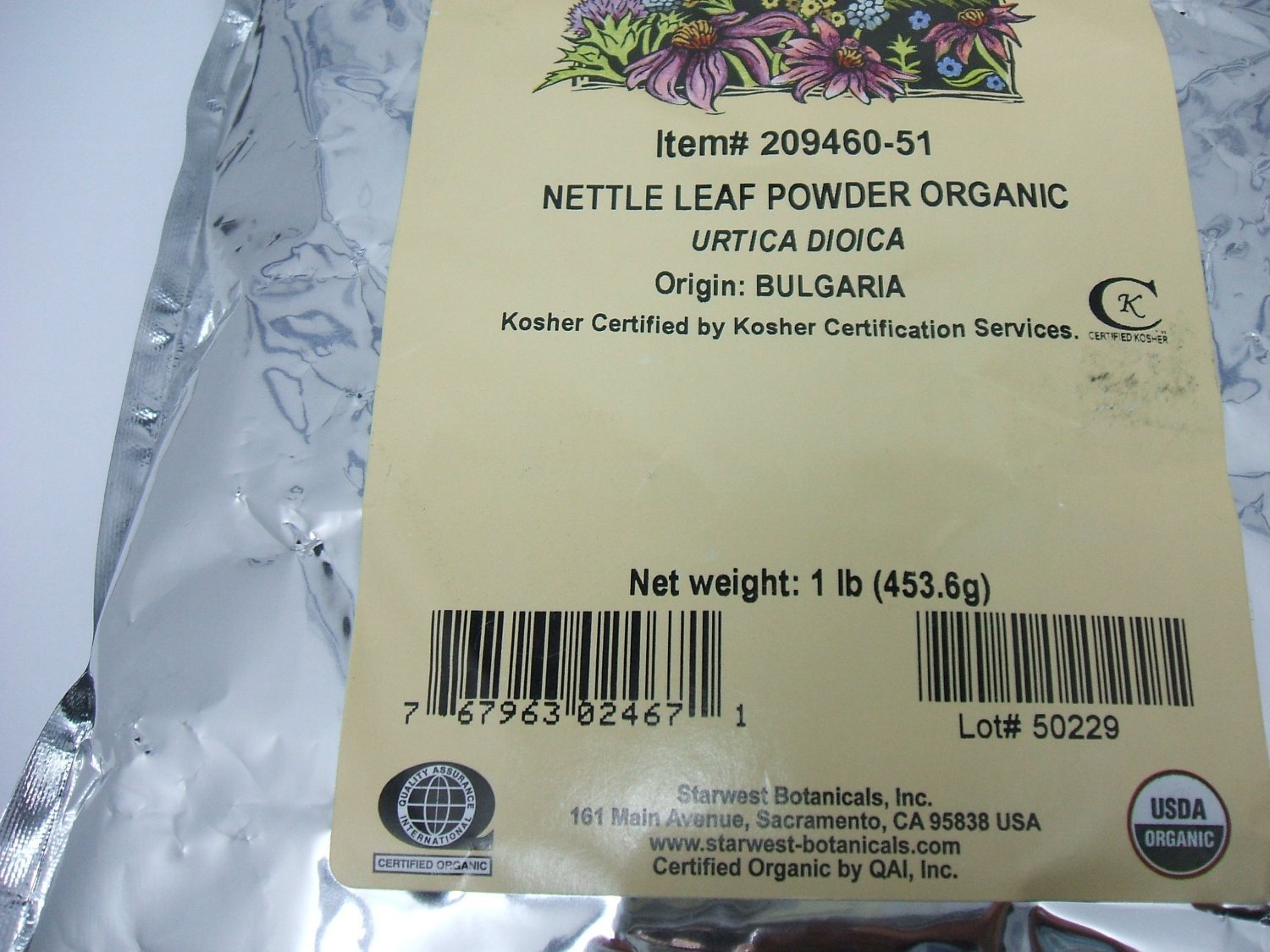 1lb bag of Organic Nettle Leaf Powder with product label