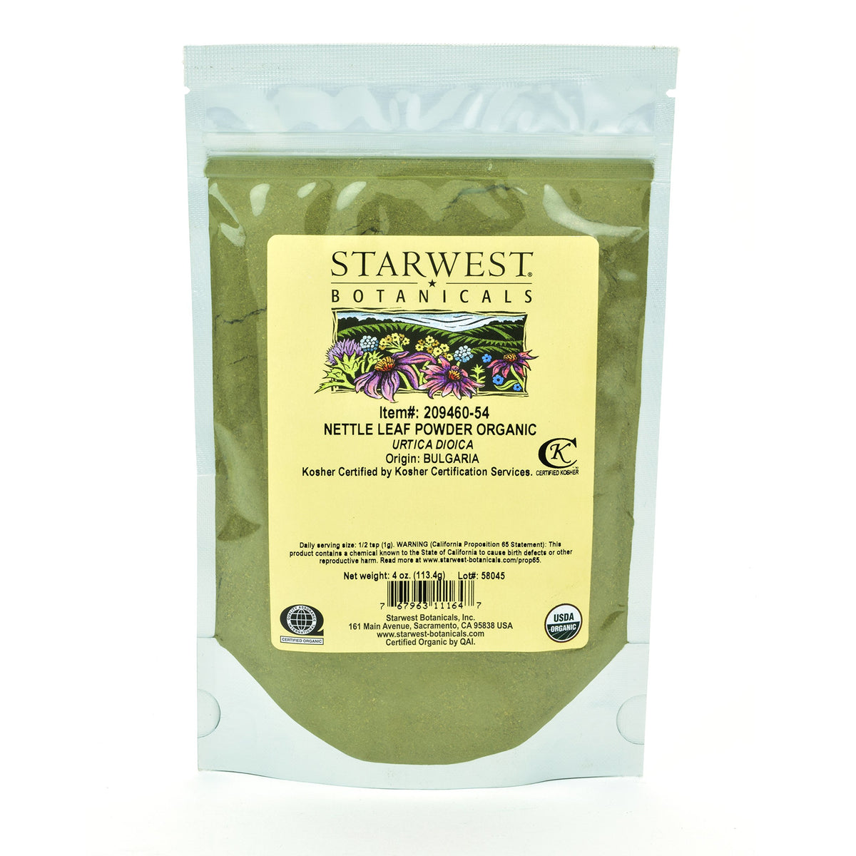 Starwest Botanicals Organic Nettle Leaf Powder 4 oz front view