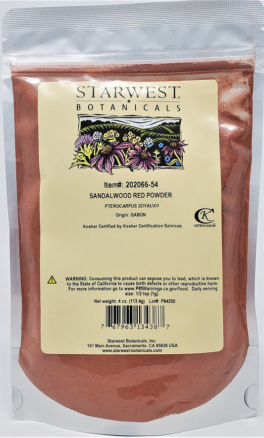 Starwest Botanicals Red Sandalwood Powder - 4 oz, fine-textured heartwood powder with rich warm color and earthy aroma