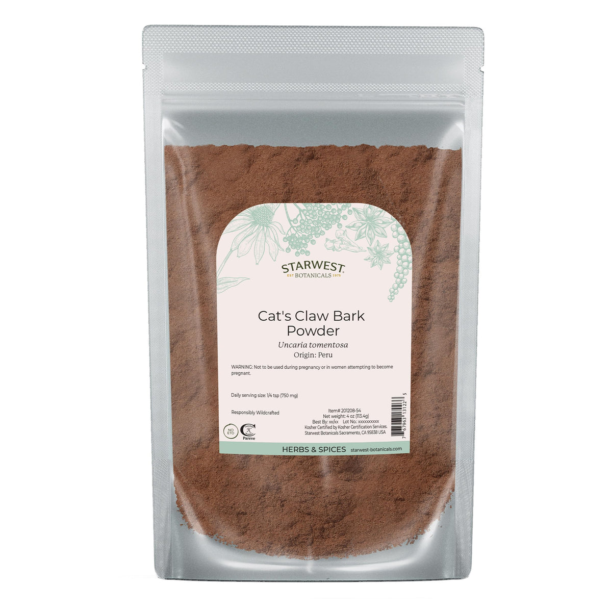 Front view of Starwest Cat's Claw Bark Powder 4 oz pouch