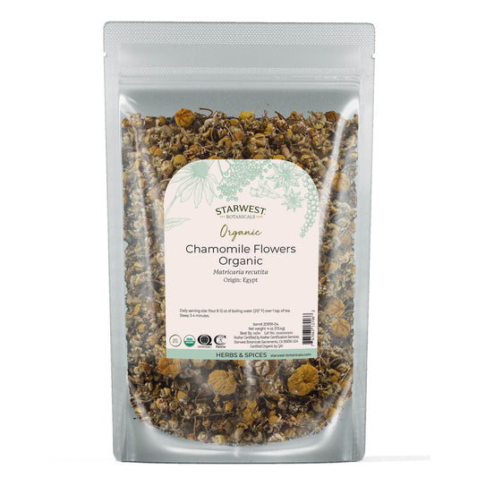 Starwest Organic Chamomile Flowers Whole 4 oz pouch front view