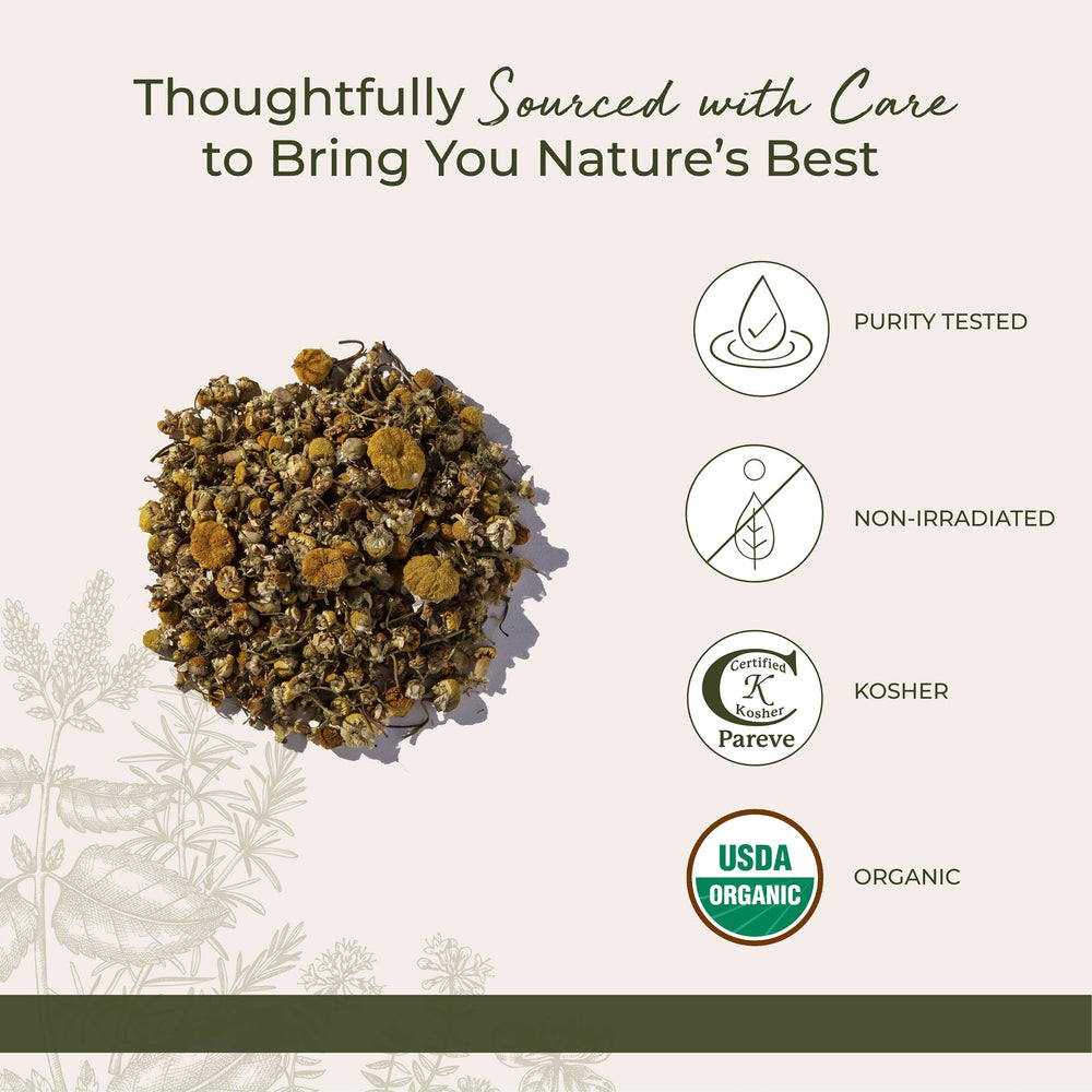 Chamomile tea being brewed in a cup