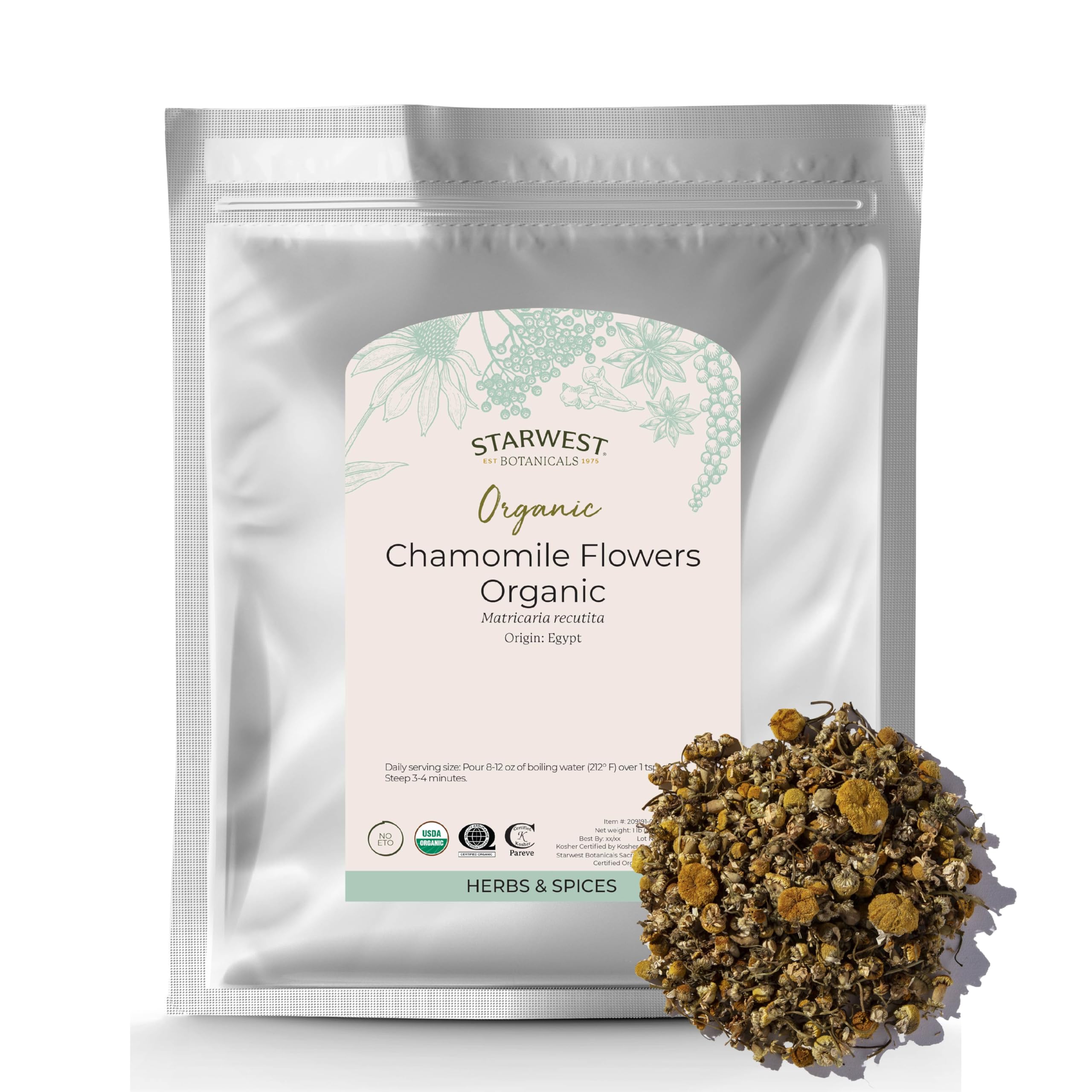 Front view of Starwest Chamomile Flowers Whole 1 lb bag
