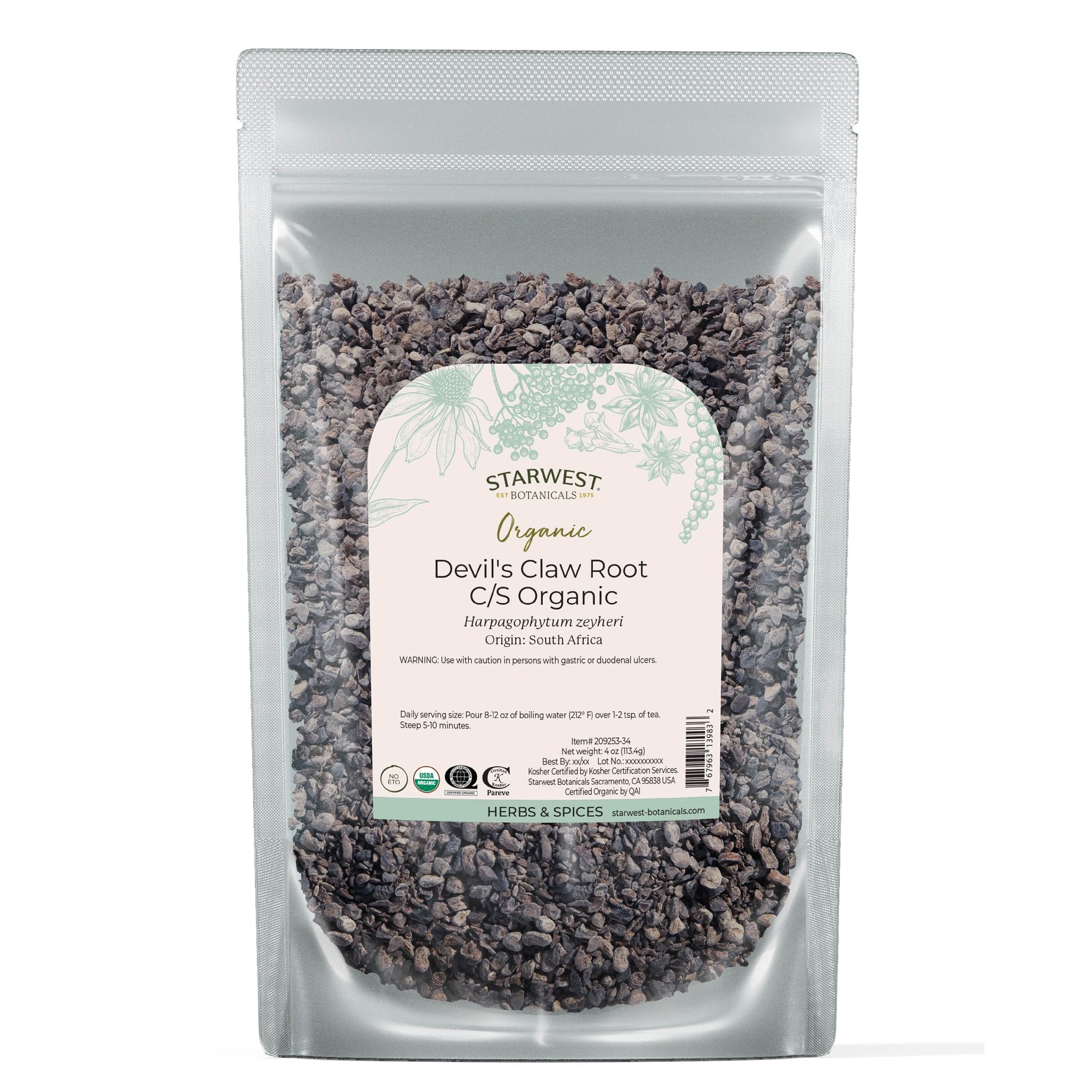 Organic Devil's Claw Root, dried, 4 oz pouch