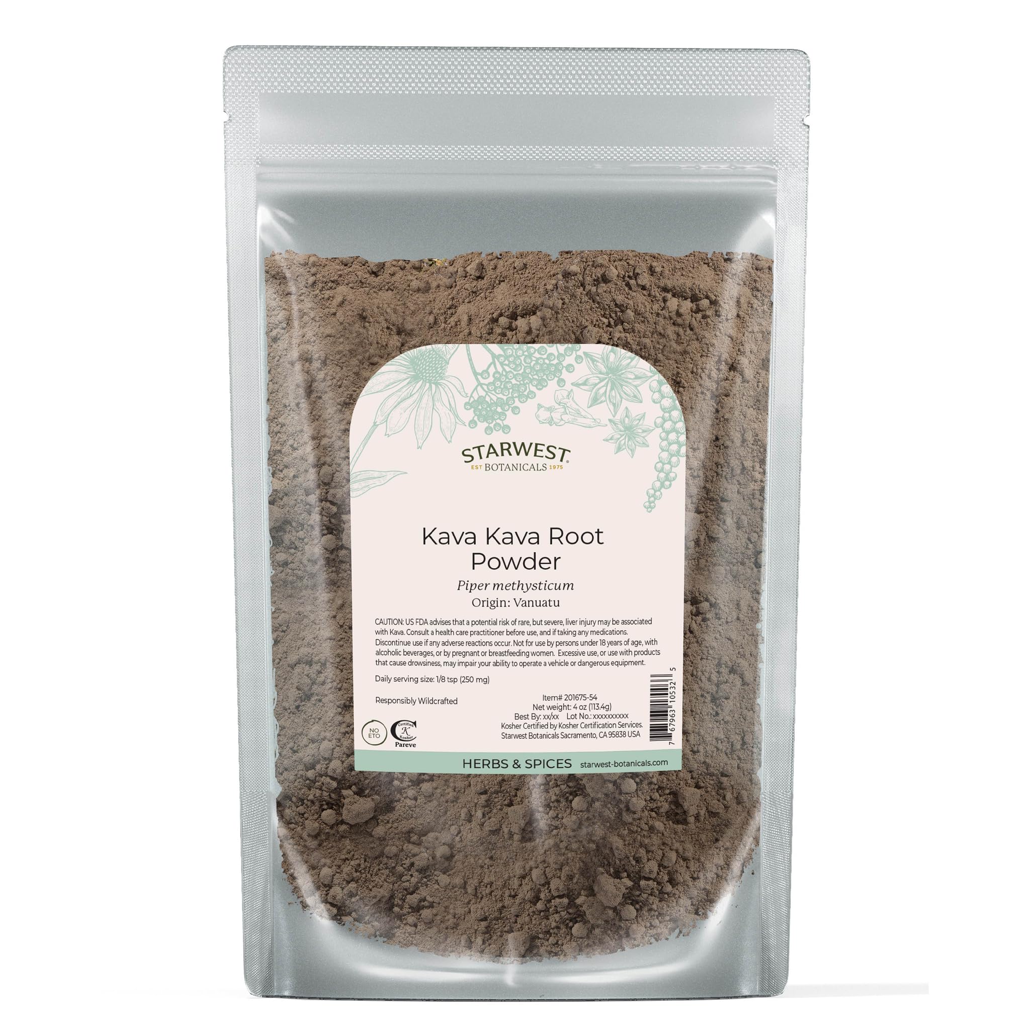 Starwest Kava Kava root powder 4 oz pouch - front label