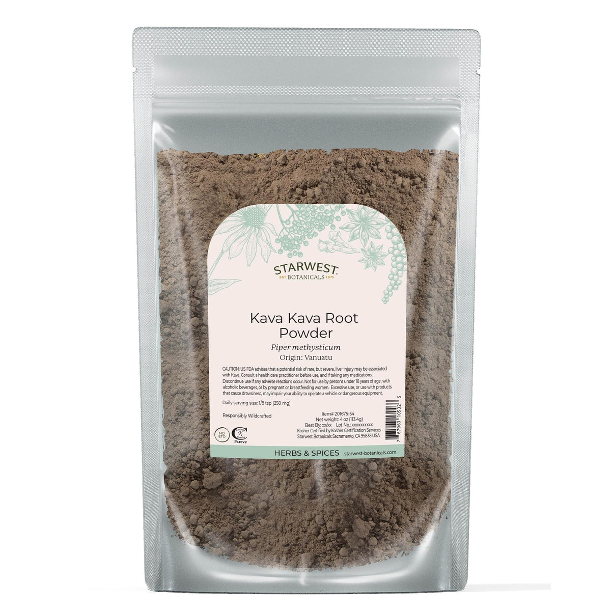 Starwest Kava Kava root powder 4 oz pouch - front label