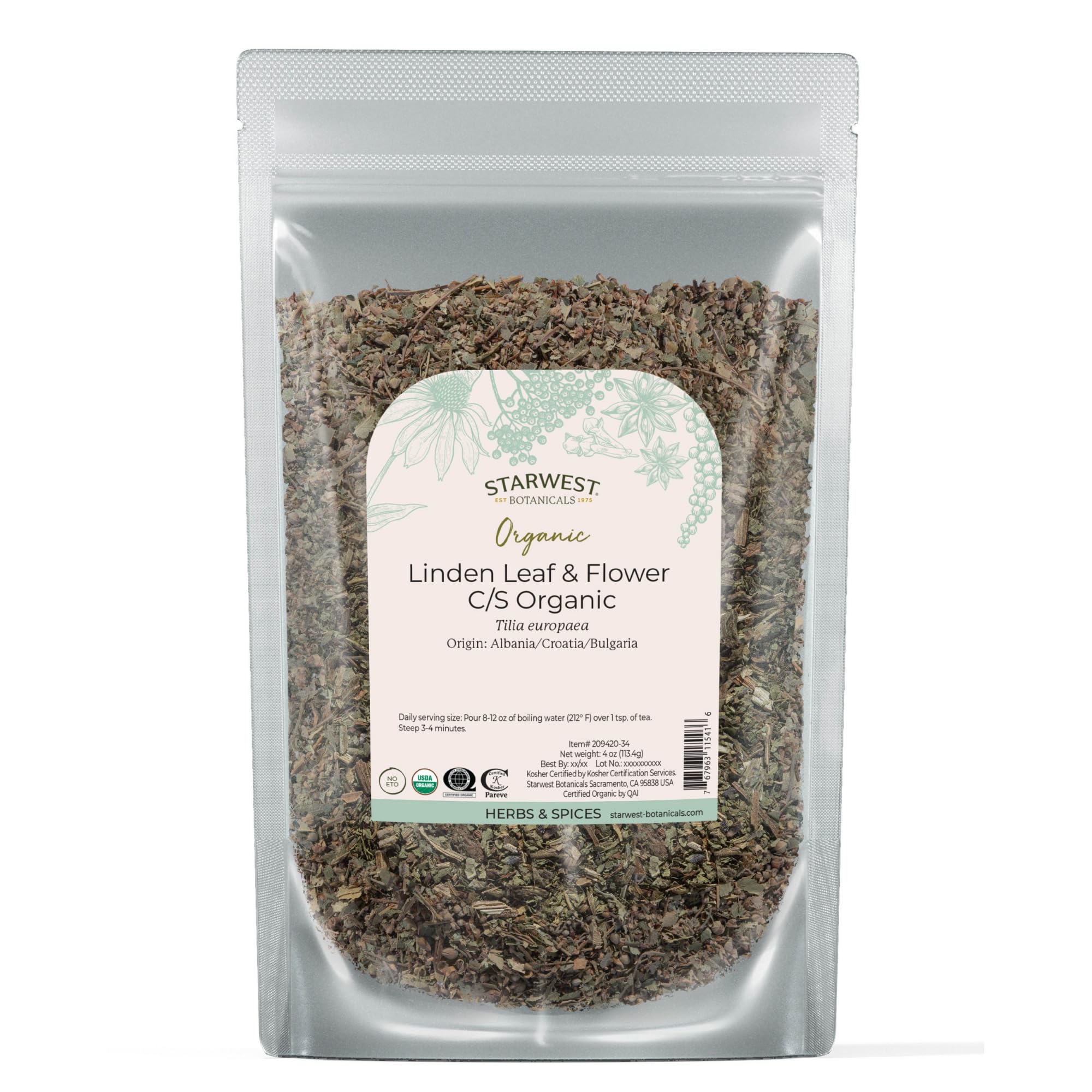 Organic Linden leaf and flower mix in 4 oz resealable pouch